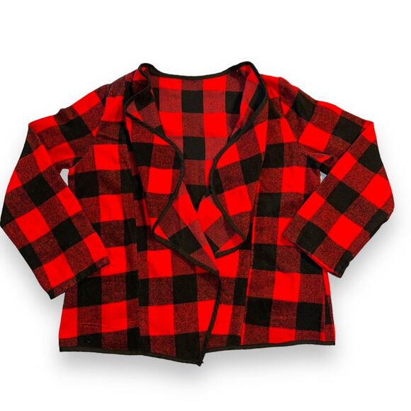 Womens Lightweight Jacket Buffalo Plaid Open Drape Front Long Sleeves Red Black - Picture 1 of 6